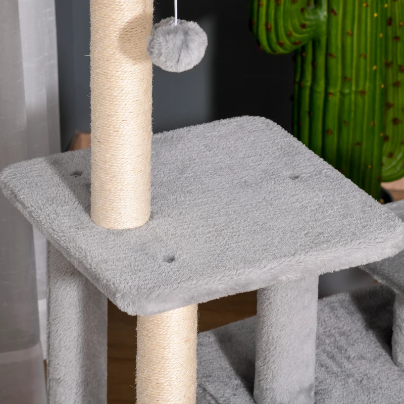 PawHut Árbol Rascador para Gatos Altura 114 cm con Postes de Sisal 3 Plataformas Casita y 2 Bolas Colgantes Gris Claro