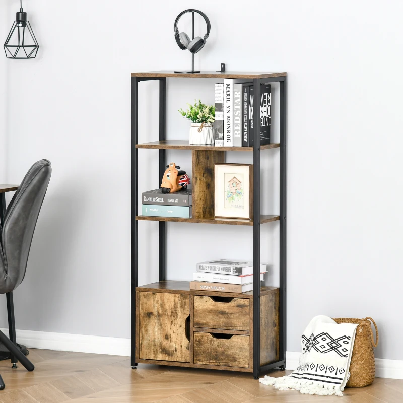 HOMCOM Mobile Libreria con 3 Ripiani, Armadietto e 2 Cassetti, in Truciolato e Metallo, 58x24x122 cm