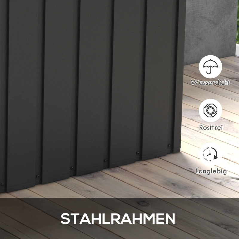 Outsunny Aufbewahrungsbox, Gartentruhe, 450L Stauraum, 2 Räder, Stahlrahmen, 125x61x70 cm, Dunkelgrau