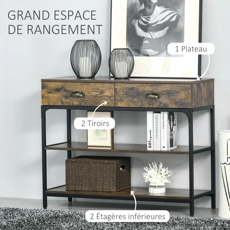 HOMCOM Table Console - Table d'entrée - Table d'appoint  Industriel 2 tiroirs 2 étagères métal Noir en Bois rustique