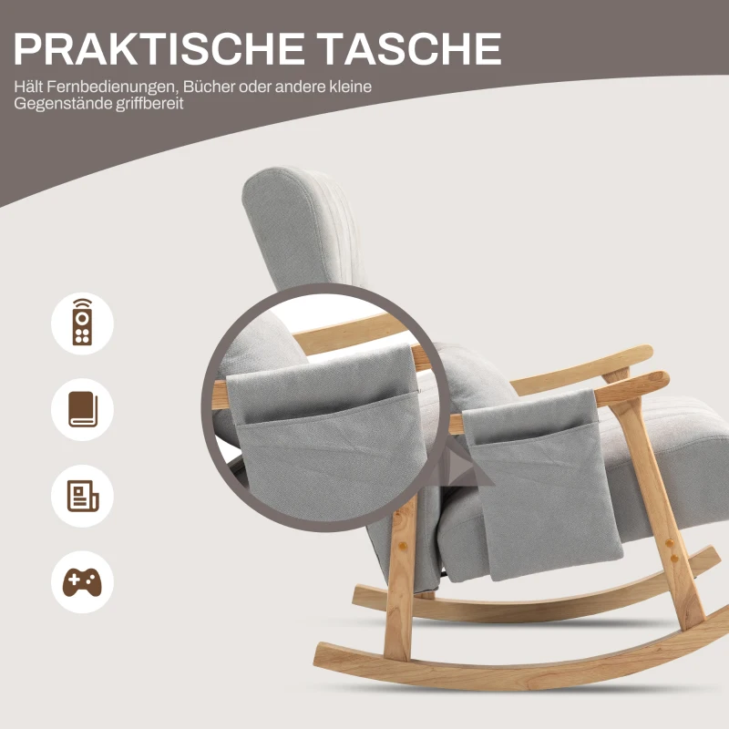 HOMCOM Schaukelstuhl mit Nierenkissen, breiter Sitz, Kautschukholzrahmen, bis 120 kg, Grau