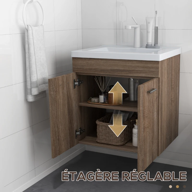 kleankin Meuble sous lavabo suspendu avec bassin en céramique et 2 compartiments 60 x 45,5 x 60 cm marron clair