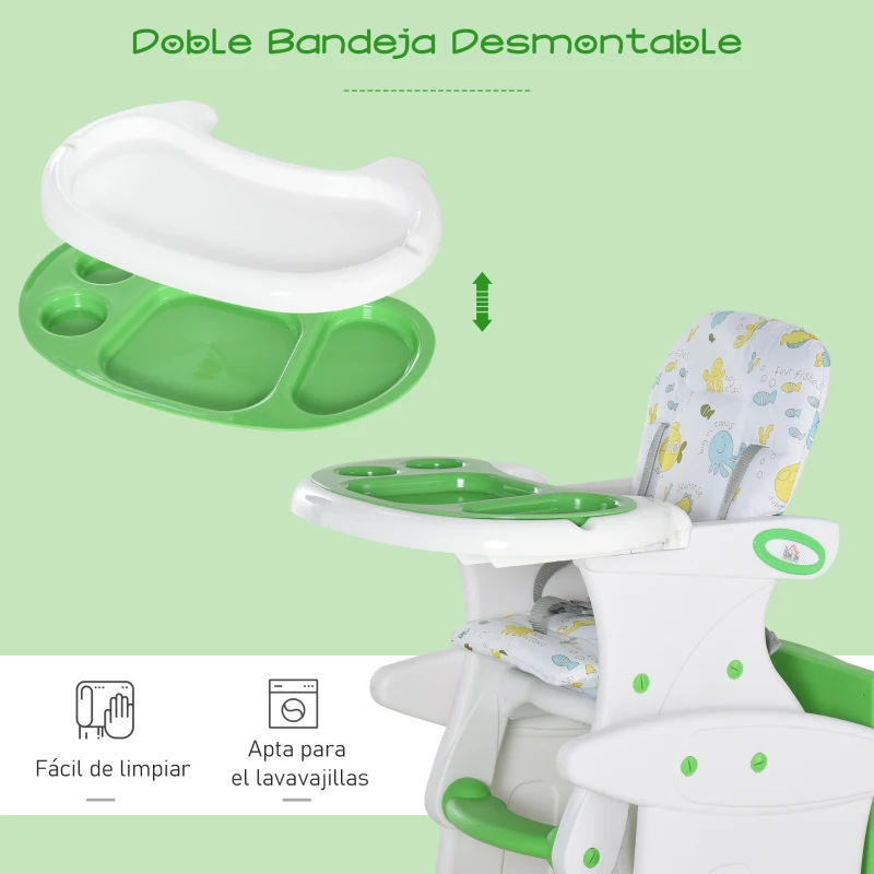 HOMCOM Trona para Bebés 2 en 1 para 6 Meses a 6 Años Transformable en Mesa y Silla Multifuncional Ajustable en 3 Posiciones Respaldo Alto Acolchado con 2 Bandejas Extraíbles 57x59x105 cm Verde