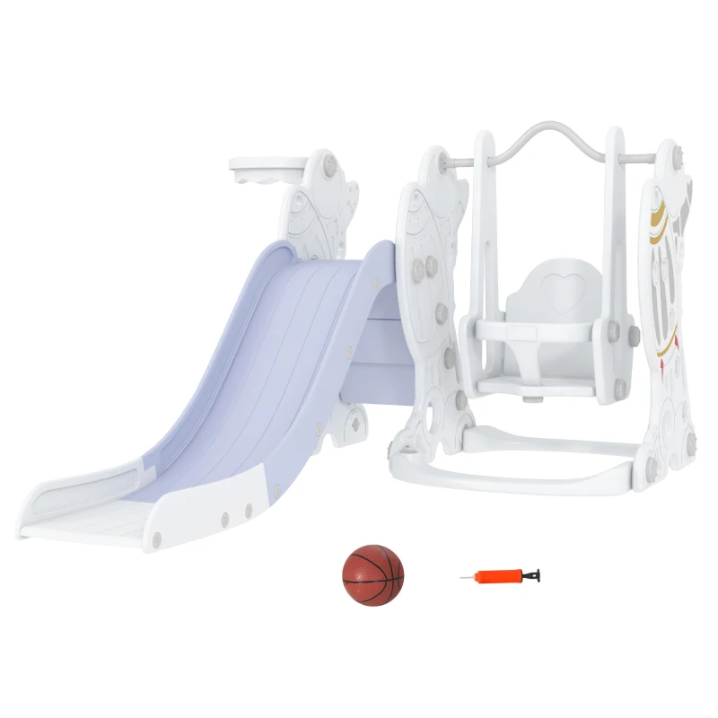 AIYAPLAY 3-in-1-Set Kinderrutsche mit Schaukel, Basketballkorb, Raketen-Design, weiß+grau, 150L x 185B x 92H cm