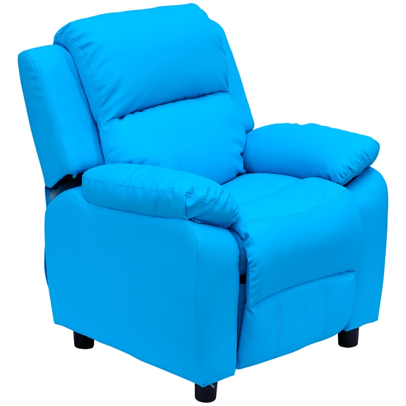 HOMCOM Kids Children Recliner Lounger Armchair Games Chair Sofa Seat PU Leather Look w/ Storage Space on Arms (Blue)