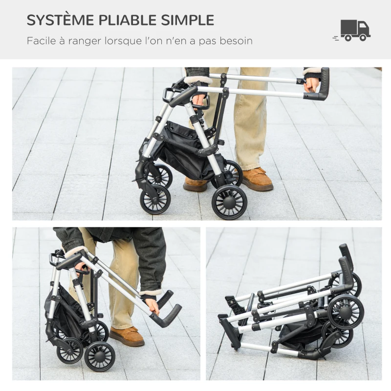 PawHut Poussette pour chiens 3 en 1 pliable panier de transport avec poignée habillage de pluie 77 x 44 x 100 cm gris