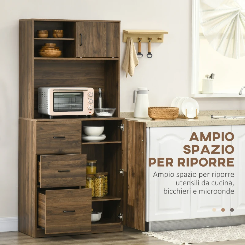 HOMCOM Credenza Moderna con 3 Cassetti e Armadietti, Mobile Dispensa per Cucina e Soggiorno in Legno, 80x40x178cm, Noce