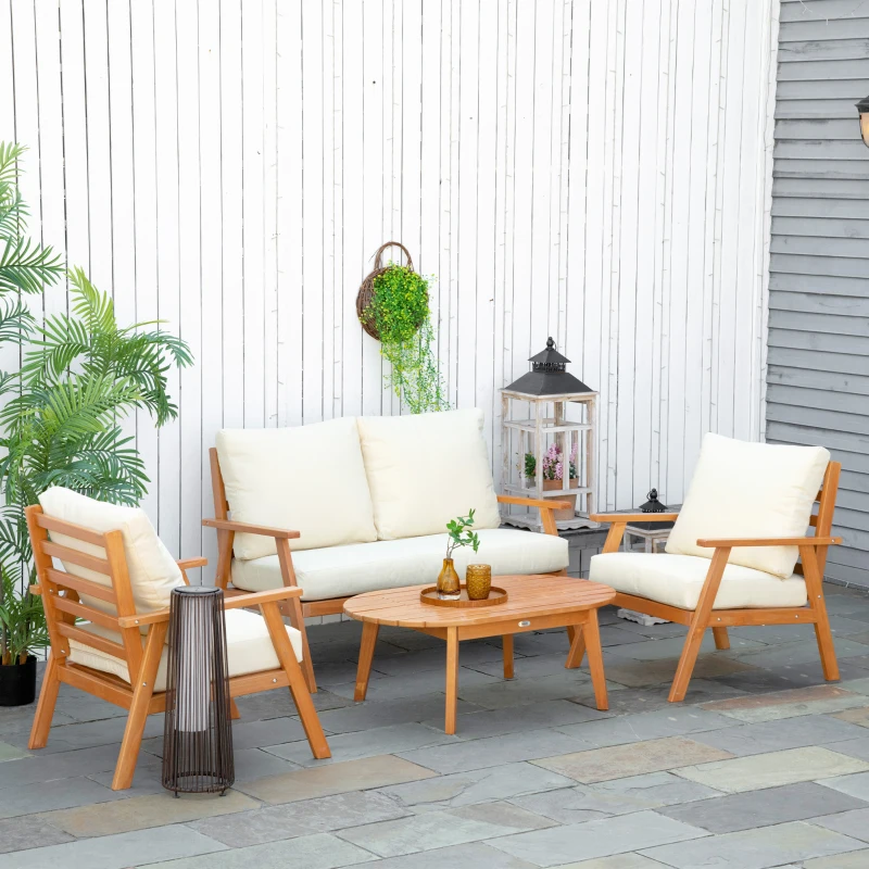 Outsunny Gartenmöbel-Set für 4 Personen Balkonmöbel-Set mit Sitzkissen, Couchtisch, Kiefernholz, Beige