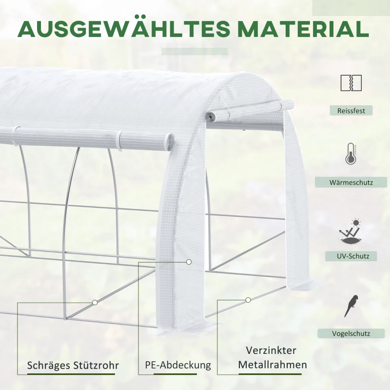Outsunny Tunnel-Gewächshaus, begehbar, aufrollbare Wände, Tür mit Reißverschluss, verzinkter Stahlrahmen, 4 x 3 x 2 m, Weiß