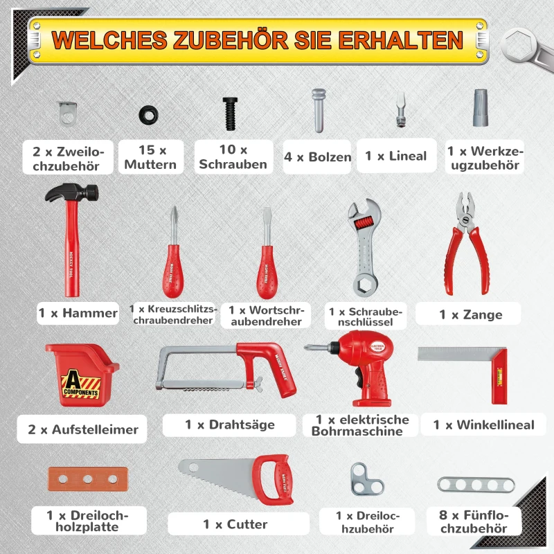 HOMCOM Kinder Werkbank Arbeitstisch Werkbanktisch mit 55 Zubehören Rollenspiel Spielzeug für Kinder von 3 bis 6 Jahren PP-kunststoff Blau+Grau  69 x 26,5 x 75 cm