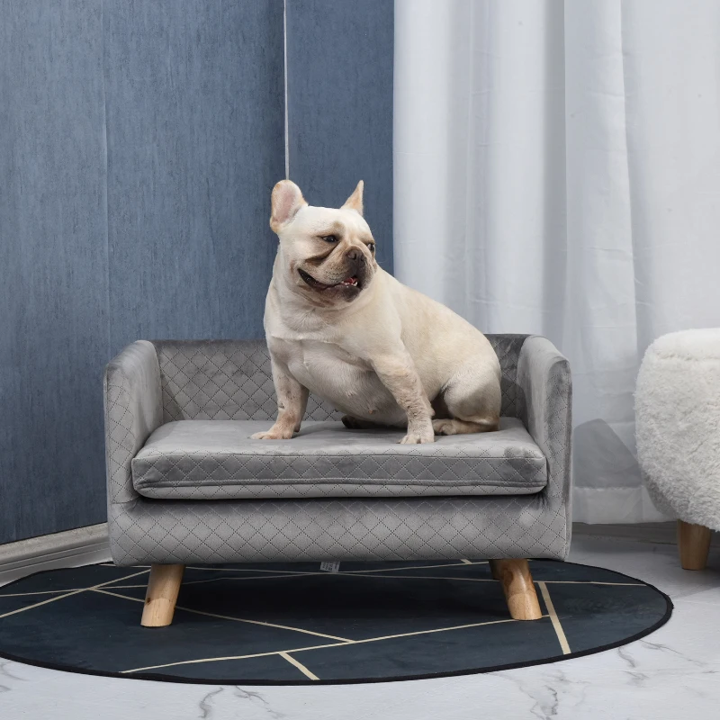 PawHut Canapé chien lit pour chien design scandinave coussin moelleux pieds bois massif dim. 64 x 45 x 36 cm velours gris
