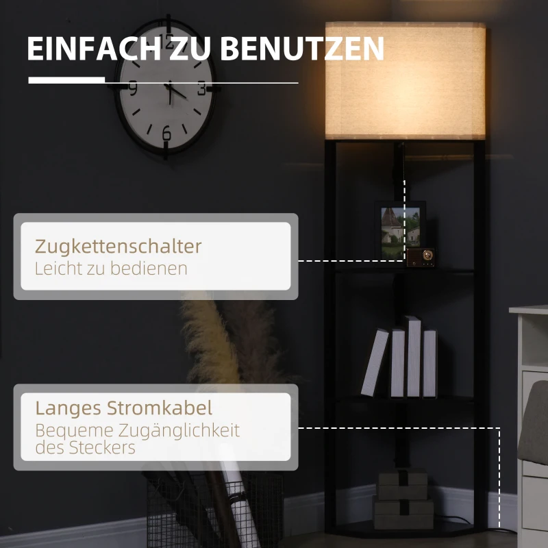 HOMCOM Stehleuchte, dreieckiges Design, 3 Regale, Stoff-Lampenschirm, 50x37x159 cm, Schwarz+Weiß