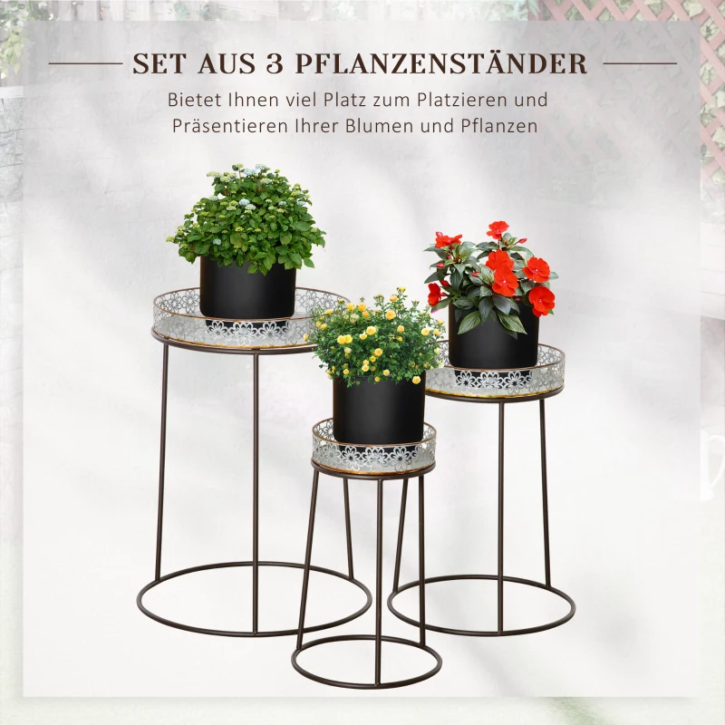 Outsunny Blumenständer 3er Set aus Metall Pflanzenständer Set Blumenhocker Blumentopfhalter Pflanzenhocker für Blumentopf Stapelbar Kaffee+Silber