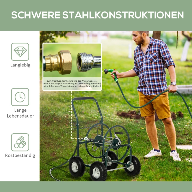 Outsunny Schlauchwagen für Gartenschlauch max. 70 m (Ø15 mm Schlauch) mit Aufbewahrungskorb Stahl Nylon 83 x 60 x 92,5 cm