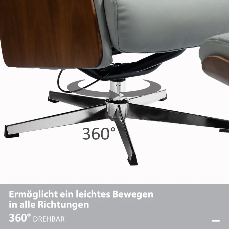 HOMCOM Relaxsessel mit Hocker, Liegefunktion, drehbar, Lederoptik, bis 150 kg, Hellgrau