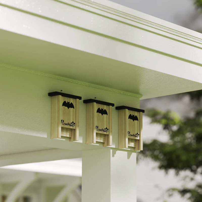 PawHut Set di 3 Casette per Pipistrelli Bat Box in Legno di Abete, 18x6x22.5 cm, Colore Legno
