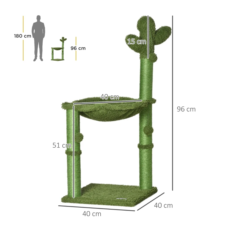 PawHut Albero Tiragraffi per Gatti fino 4.5kg a Forma di Cactus con Palline e Amaca, 40x40x96cm - Verde