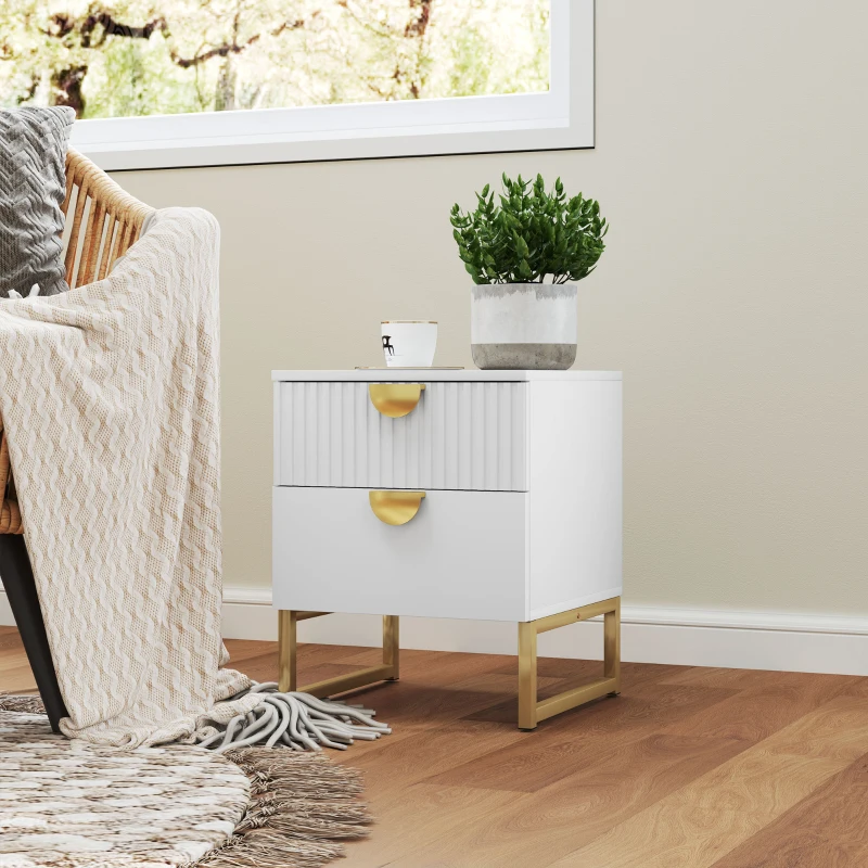 HOMCOM Elegant Two-Drawer Bedside Table - White