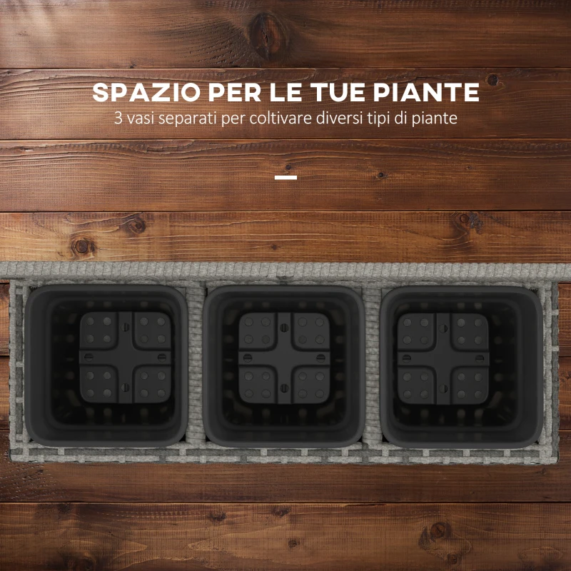 Outsunny Fioriera con Grigliato per Rampicanti con 3 Vasi in Acciaio e Rattan PE, 84x30x107cm, Grigio