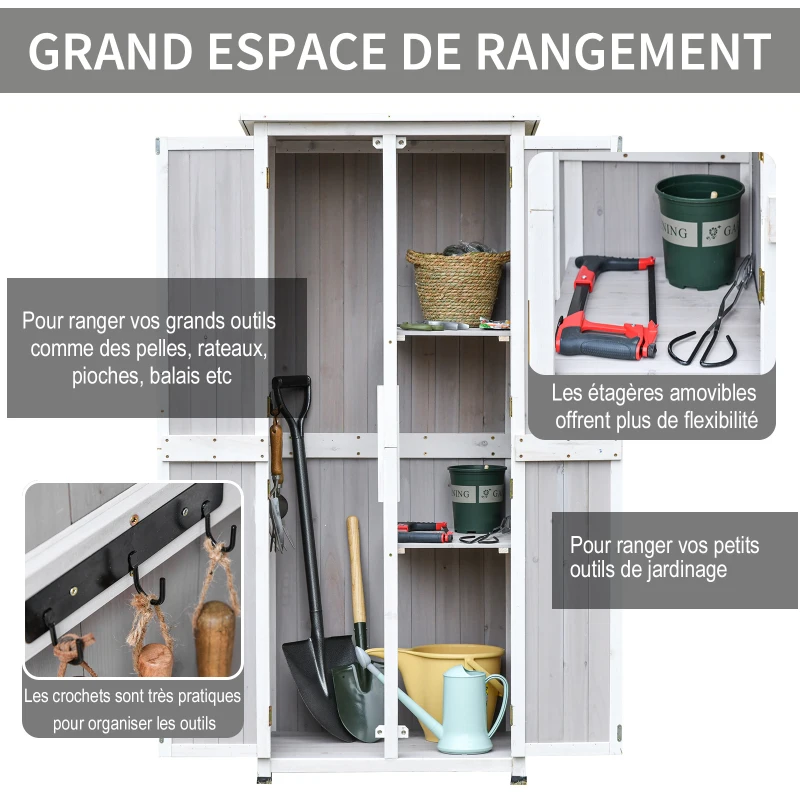 Outsunny Abri de Jardin Armoire de Jardin sur Pied dim. 77L x 58l x 175H cm 2 étagères 2 Portes 3 Crochets Toit bitumé étanche Bois sapin pré-huilé Gris Blanc