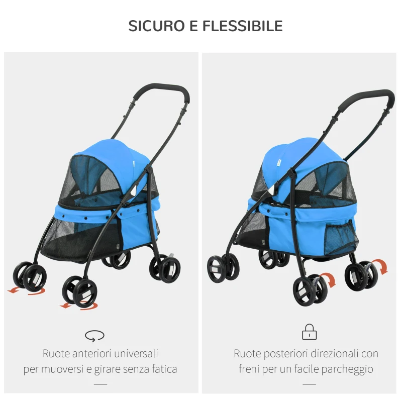 PawHut Passeggino per Cani Pieghevole con Tettuccio Regolabile e Ruote Girevoli, 82x47x97cm, Blu