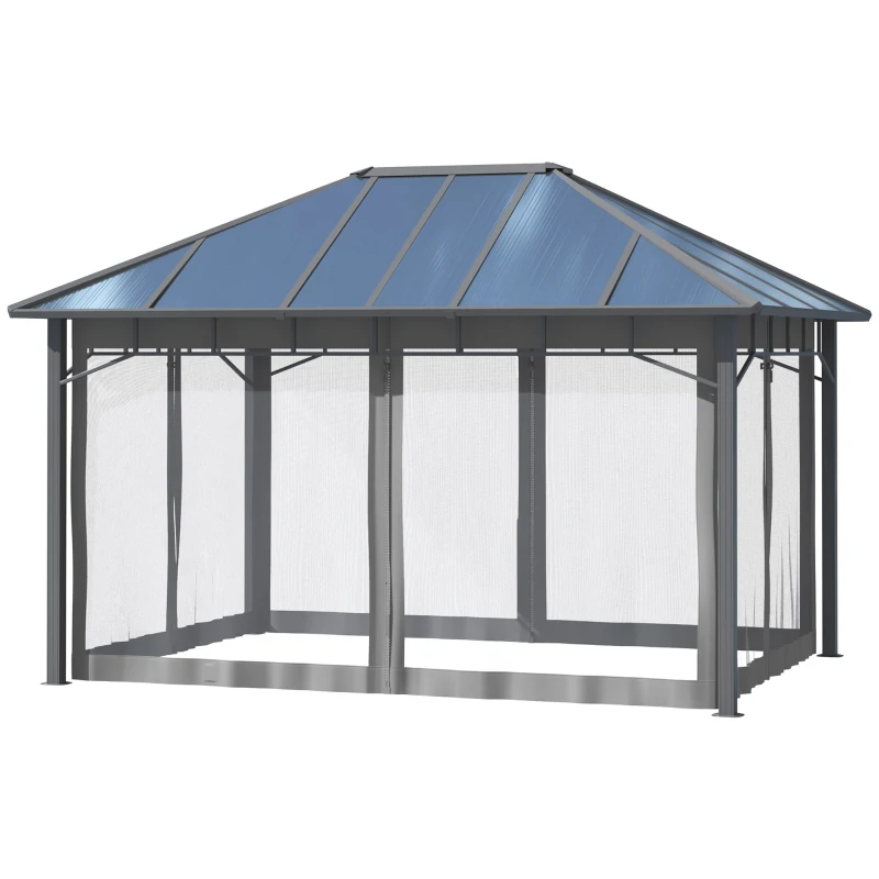 Outsunny Gazebo da Giardino 4x3m con Zanzariere e Tetto in Policarbonato, Grigio