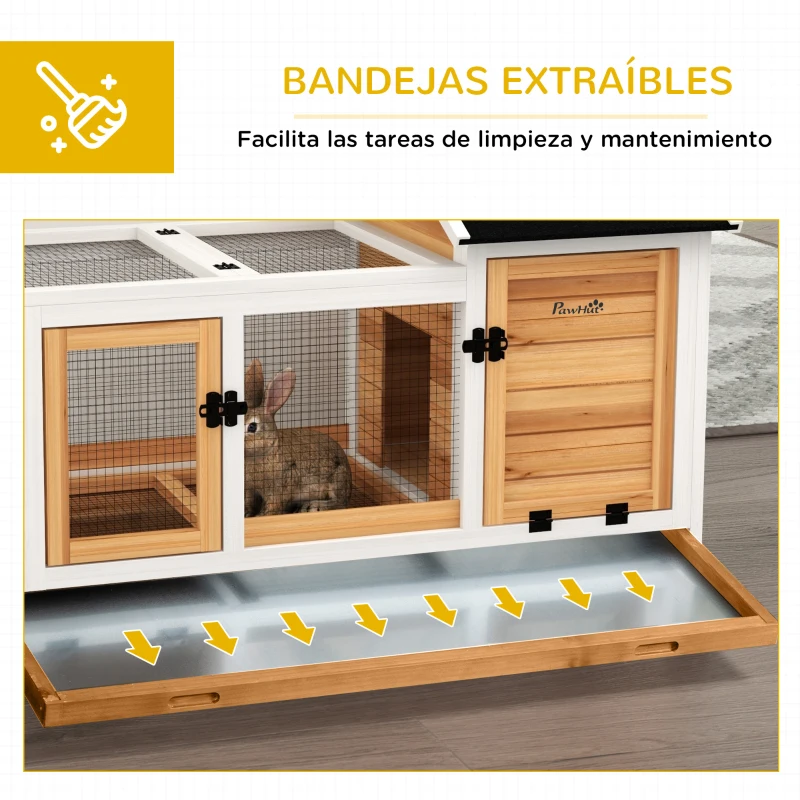 PawHut Jaula para Conejos con Ruedas Techo Abatible y Bandeja Extraíble para Interior y Exterior 108x58x73,5 cm Natural