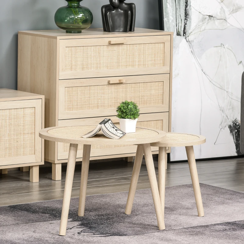 HOMCOM  2er Set Kaffeetisch Couchtisch mit Rattan-Tischplatte Stapeltisch Beistelltisch Kaffeetisch MDF Natur 40 x 40 x 40 cm/60 x 60 x 45 cm