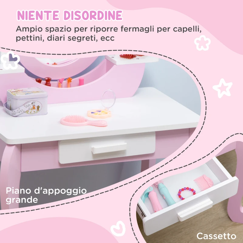 ZONEKIZ Set Toeletta Trucco per Bambini con Tavolino con Specchi e Sgabello, Età 3-6 Anni, Rosa