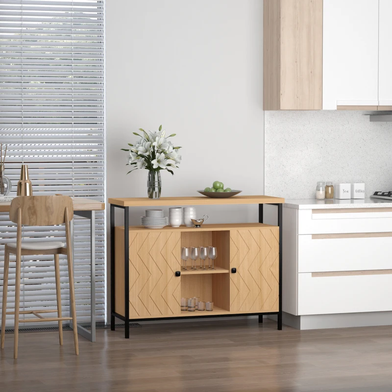 HOMCOM Meuble de rangement buffet style graphique 2 placards porte avec étagère 2 niches étagère grand plateau métal noir MDF aspect chêne clair