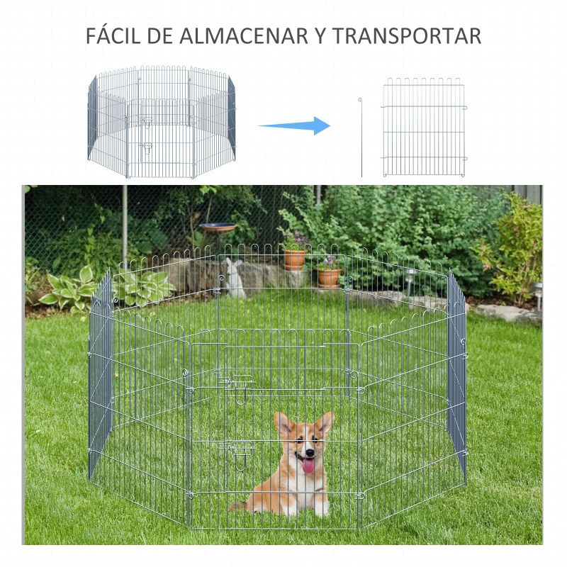 PawHut Vallas para Perros Plegables de 8 Piezas 63x76 cm con 1 Puerta y Marco de Acero para Jardín Patio Plata
