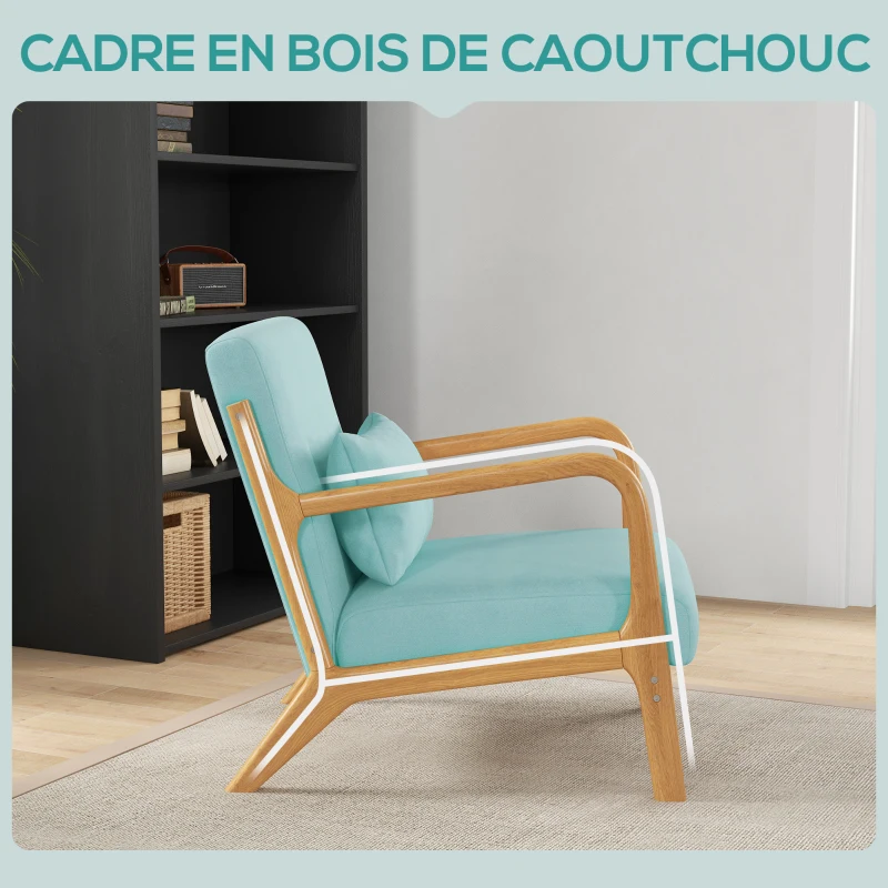 HOMCOM Fauteuil de salon avec cadre en bois massif fauteuil lounge - assise profonde - accoudoirs - aspect velours bleu
