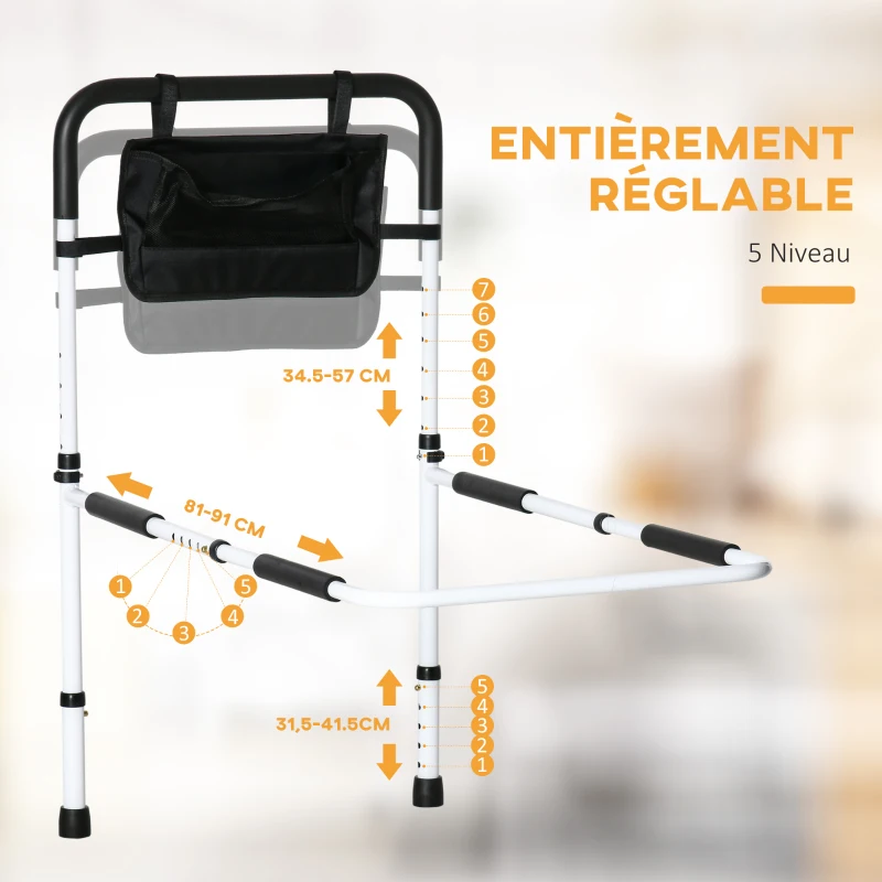 HOMCOM Barre d'appui lit sur pieds protection réglable 5 hauteurs pochette rangement 52 x 85-95 x 71-102 cm blanc noir