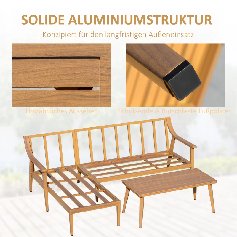 Outsunny Gartenmöbel Set für 3 Personen mit Chaiselongue Doppelsofa Tisch Natur