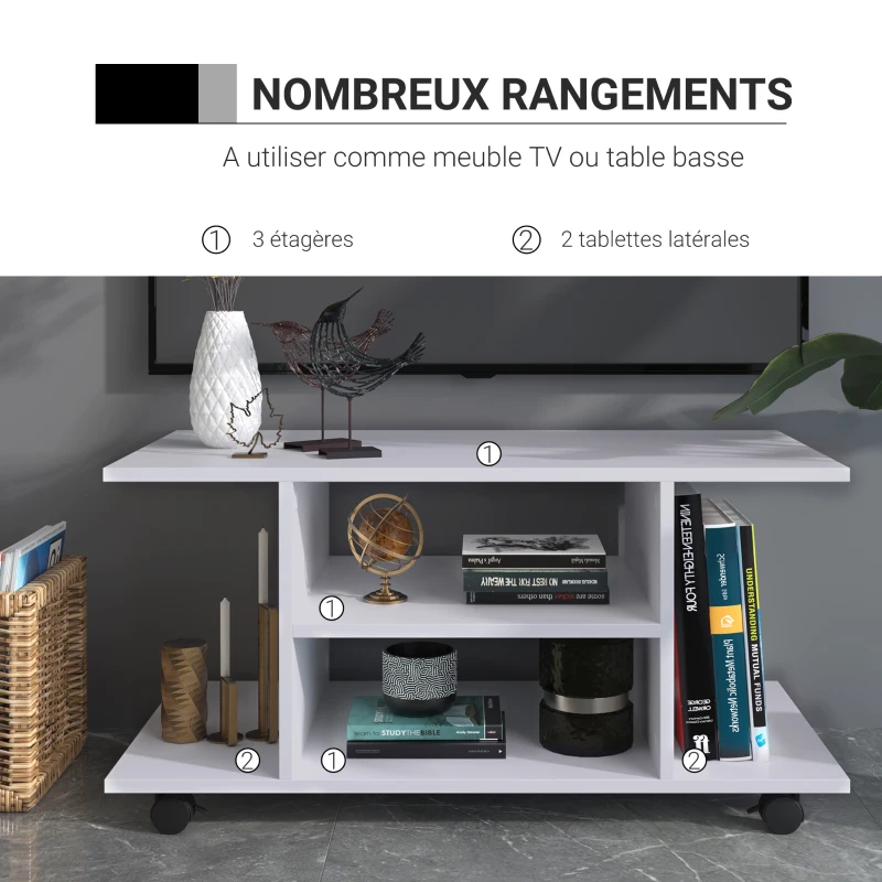 HOMCOM Meuble TV avec roulettes pivotantes, banc TV en bois avec étagères, support télé pour télévision jusqu'à 42 pouces, style contemporain pour salon chambre et bureau, 80 x 40 x 40 cm, blanc