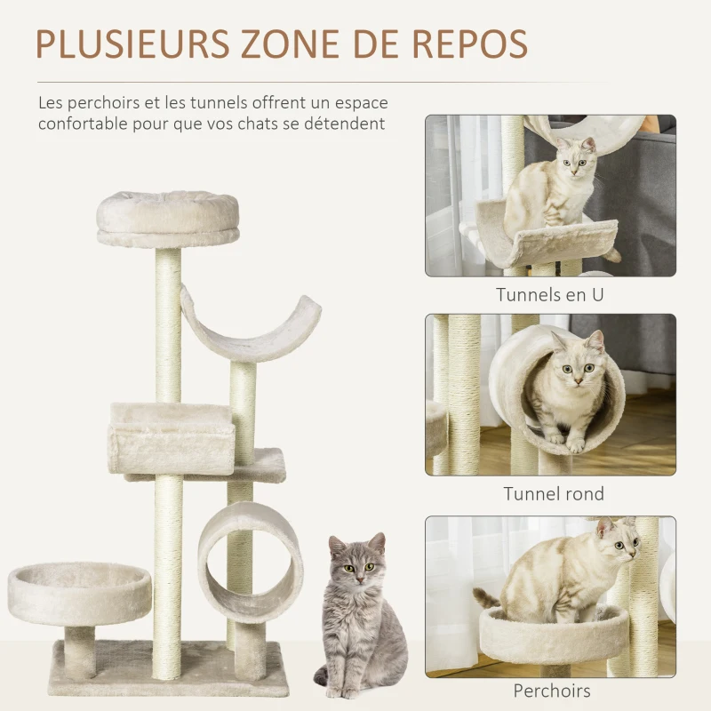PawHut  Arbre à chats multi-équipements griffoirs grattoirs plates-formes + tunnel dim. 50L x 40l x 105H cm beige