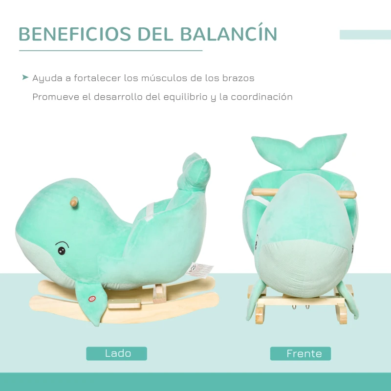 HOMCOM Caballito Balancín Forma Ballena para Niños de 18-36 Meses Mecedora de Felpa con Sonidos Cinturón de Seguridad y Reposapiés 60x33x50 cm Turquesa