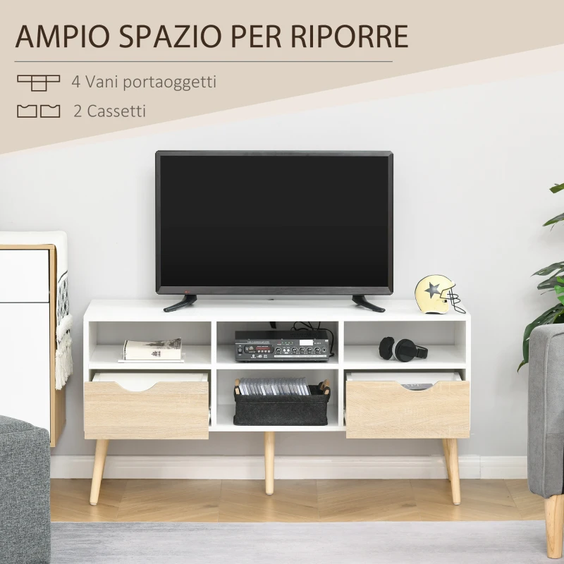 HOMCOM Mobile TV Moderno con Cassetti e Vani Aperti per TV fino 50'', Mobiletto TV Basso da Salotto con Gambe in Legno, 117x39x57cm, Bianco
