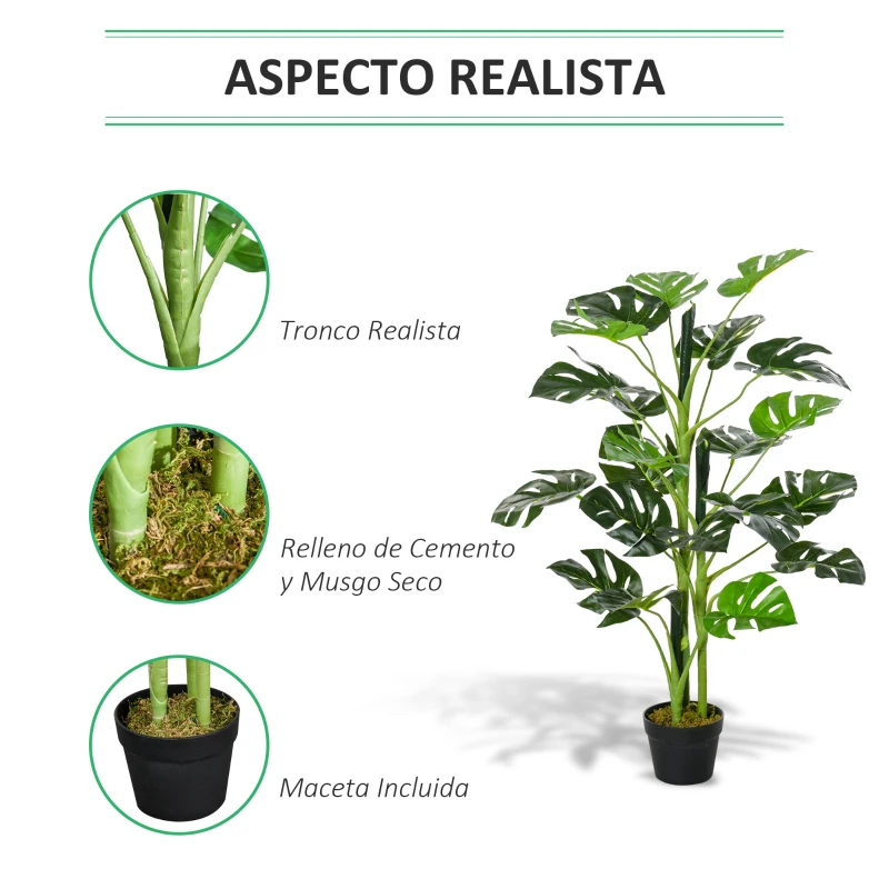 Outsunny Planta Artificial 100 cm Monstera Artificial Árbol Artificial con 21 Hojas y Maceta para Decoración Hogar Oficina Salón Verde