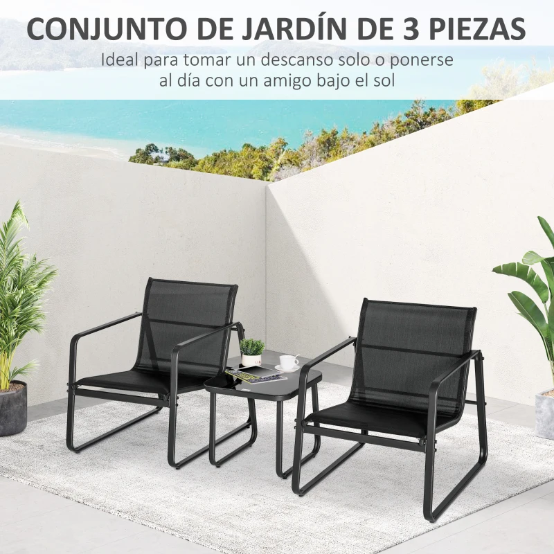 Outsunny Conjunto de Muebles de Jardín 3 Piezas Muebles de Jardín Exterior Incluye 1 Mesa de Vidrio Templado y 2 Sillas con Reposabrazos y Respaldo Transpirable para Terraza Balcón Negro