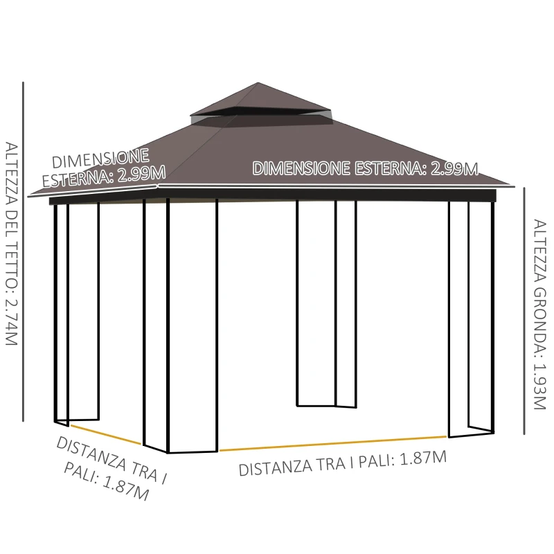Outsunny Gazebo da Giardino 3x3m con Zanzariera e Tetto a 2 Livelli, Mensole Laterali e Ganci, Caffè