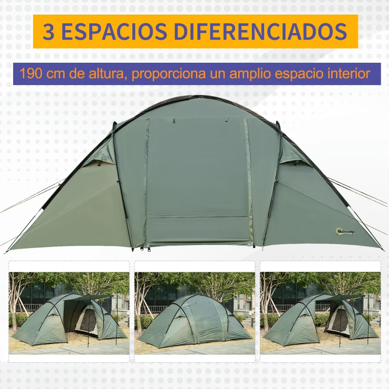 Outsunny Tienda de Campaña para 3-4 Personas Impermeable 2000mm Tienda Iglú Familiar Portátil con 2 Dormitorios 2 Puertas para Trekking Camping Playa Aventura 480x220x190 cm Verde