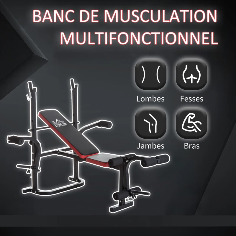 HOMCOM Banc de musculation Fitness entrainement complet avec support d'haltères dossier réglable acier revêtement synthétique 128 x 155 x 112 cm noir et rouge