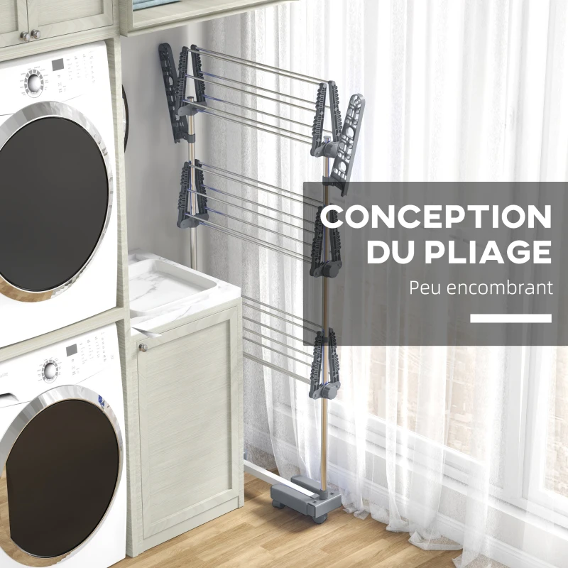 HOMCOM Séchoir à linge étendoir pliable ailes latérales utilisation intérieure et extérieure 3 niveaux 142 x 55 x 152 cm gris