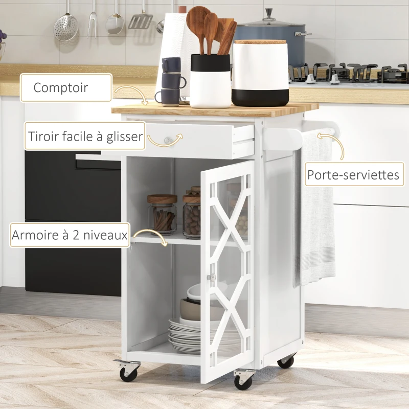 HOMCOM Chariot de service - desserte de cuisine à roulettes - tiroir, placard, porte-serviette -  blanc