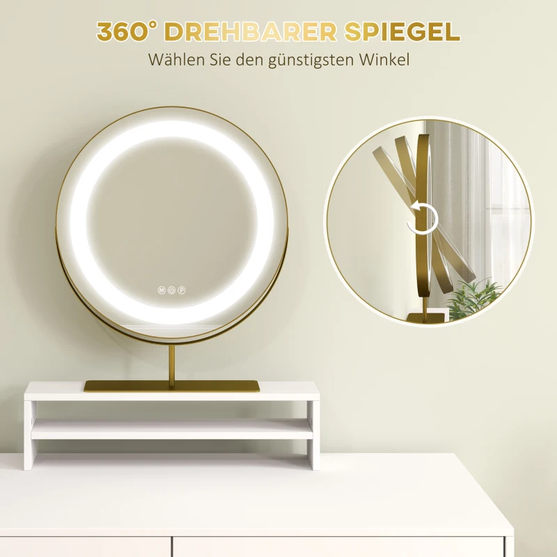 HOMCOM Kosmetiktisch mit 360° Spiegel, LED-Beleuchtung, 2 Schubladen, Weiß/Gold