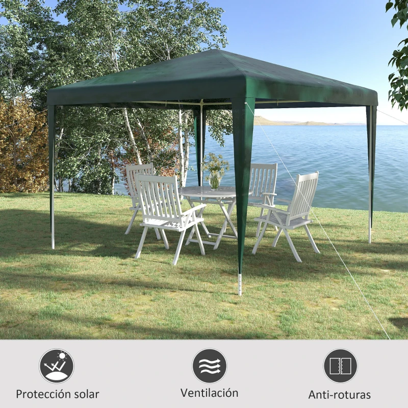 Outsunny Carpa Desmontable 3x3 m Cenador Pabellón de Jardín con 4 Orificios de Drenaje y Marco de Acero para Terraza Patio Verde