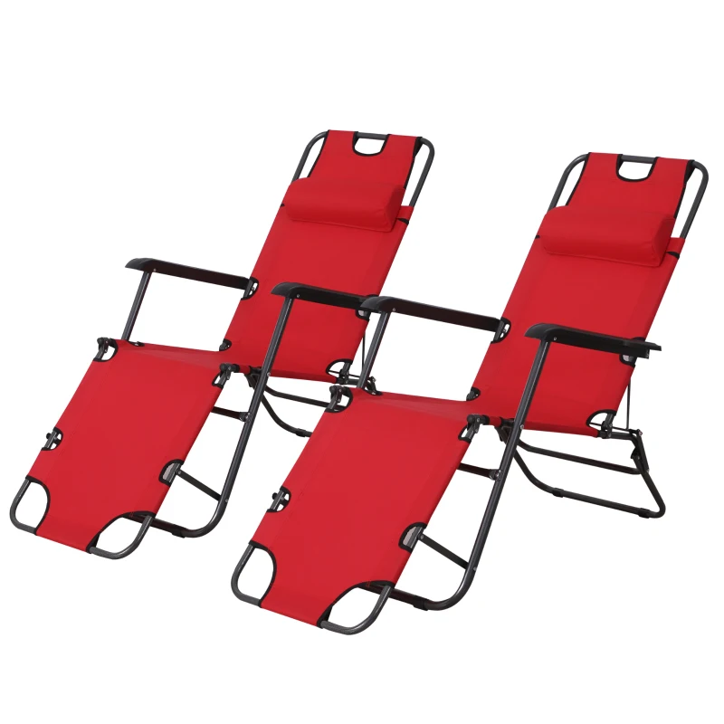 Outsunny 2 in 1 Folding Sun Lounger Reclining Garden Chair Set of 2 with 2-Level Adjustable Backrest, Outdoor Zero Gravity Recliner Garden Chairs with Head Pillow and Armrests, Red
