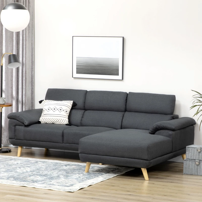 HOMCOM 3 Seater Corner Sofas for Living Room with Adjustable Headrest, Fabric L Shaped Sofa Settee, Couch, Dark Grey