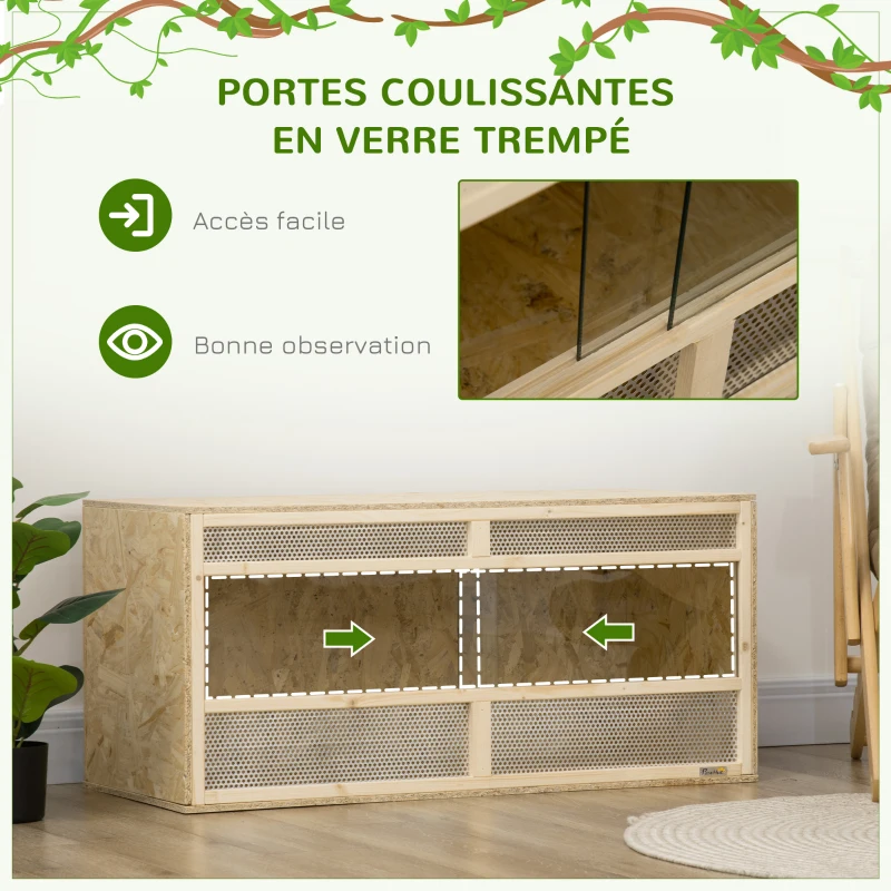 PawHut Terrarium en bois OSB pour reptiles avec porte coulissante en verre - 100 x 47 x 47 cm naturel